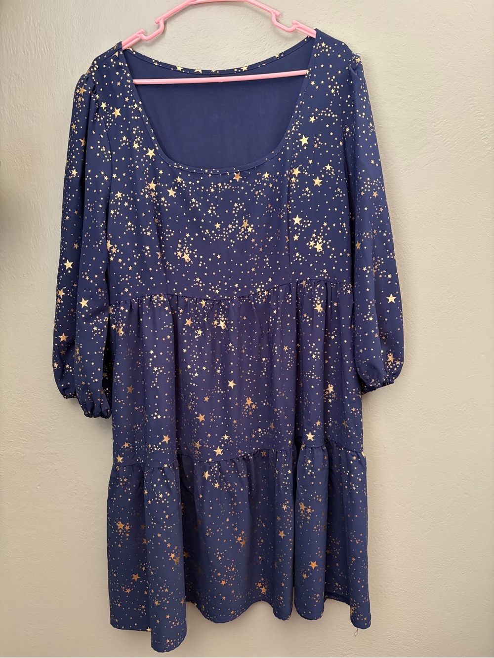 Floerns Women's Plus 1XL Navy Gold Star Square Neck Puff Sleeve Dress Whimsical